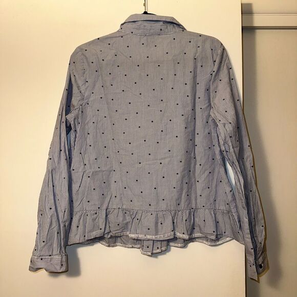 Tommy Hilfiger Large Blue White Stripe Star Pattern Ruffle LS Button Blouse NWOT - Picture 6 of 10